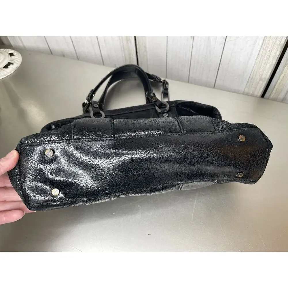 Tory Burch Black Sheen Crackle Leather Top Handle Bag Chunky Hardware Y2K